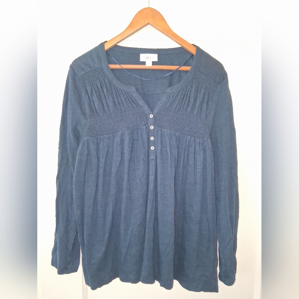 Style & Co Navy Smocked Blouse | Long Sleeve | L | Boho Peasant Top